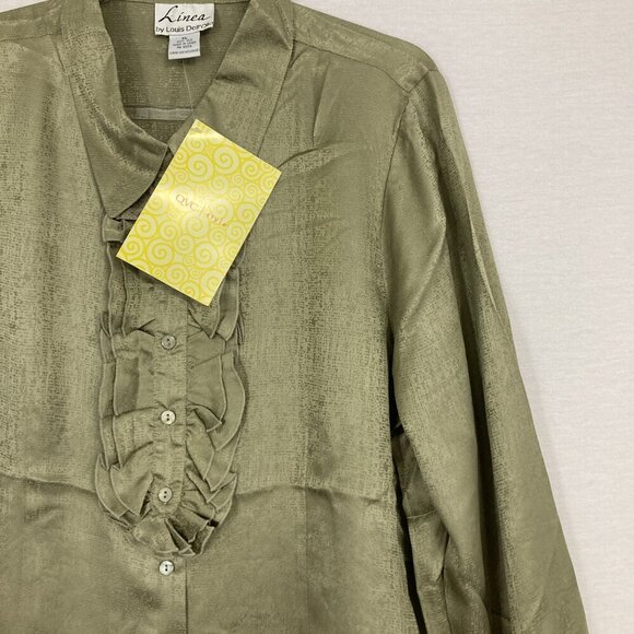 New Linea by Louis Dell'Olio Green Silk QVC Ruffle Artsy Textured Button Down XL - Picture 4 of 10